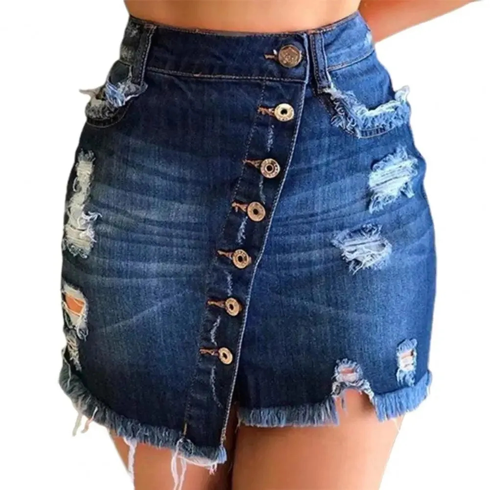 2021 New Women Short Denim Skirt High Waist Ripped Holes Denim Multi Breasted Irregular Tassel Denim Black Blue Skirt Streetwear