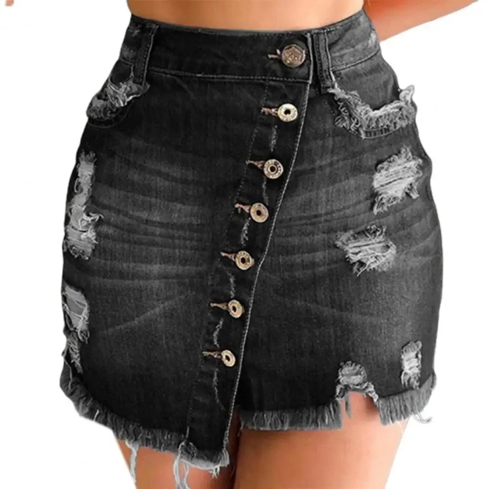 2021 New Women Short Denim Skirt High Waist Ripped Holes Denim Multi Breasted Irregular Tassel Denim Black Blue Skirt Streetwear