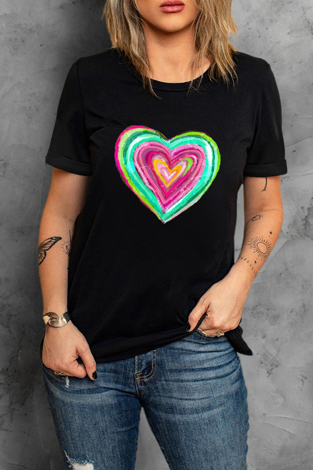 Black Valentine Heart Print Crew Neck Graphic Tee