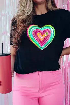 Black Valentine Heart Print Crew Neck Graphic Tee