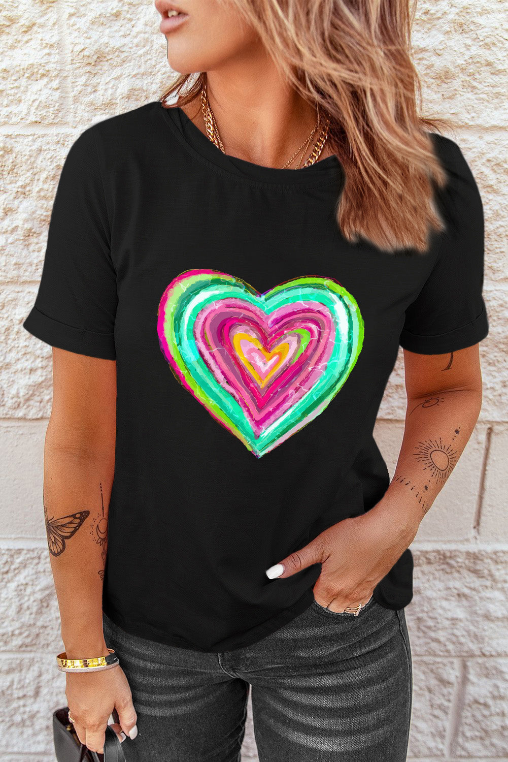 Black Valentine Heart Print Crew Neck Graphic Tee