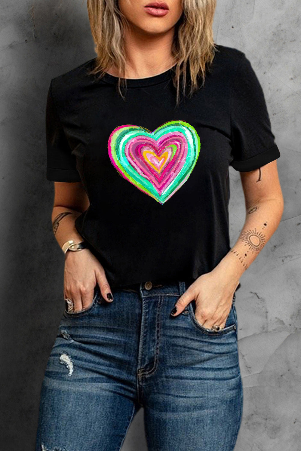 Black Valentine Heart Print Crew Neck Graphic Tee