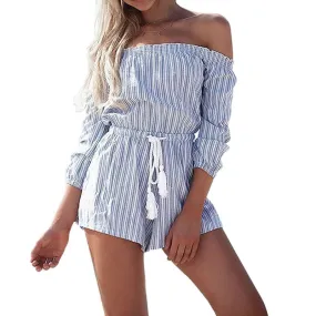 Blue Striped Jumpsuit Women Short Tassel Short Femme Jumpsuits Rompers Womens Jumpsuit SM6