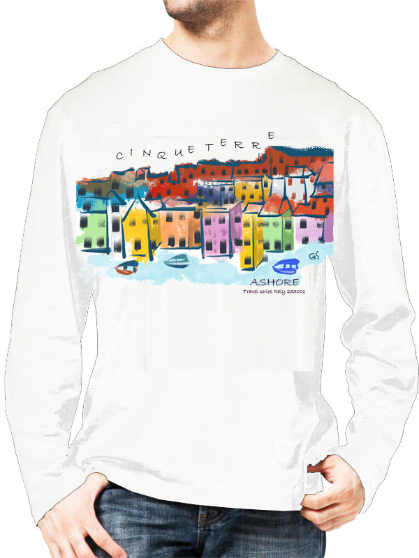 Cinque Terre-Italy Ashore Travel Shirts-  Series No. 233001 Artist Handpaint Long Sleeve Shirt EU Size 100% Cotton  High Quality