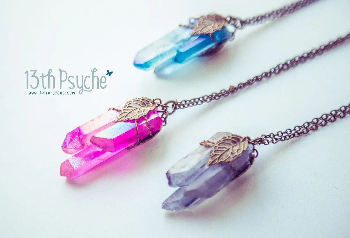 Colorful raw quartz crystal point pendant necklace with leaves