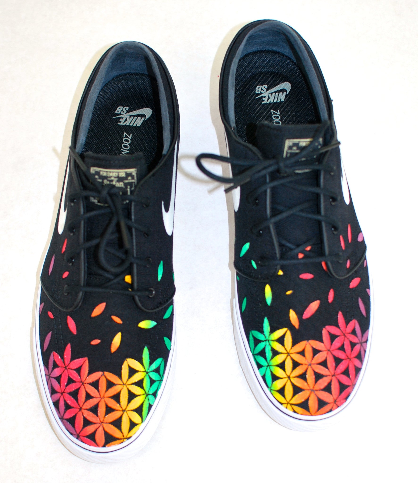 Custom Hand Painted Nike Zoom Stefan Janoski Sneakers - Rasta Sacred Geometry Flower of Life pattern