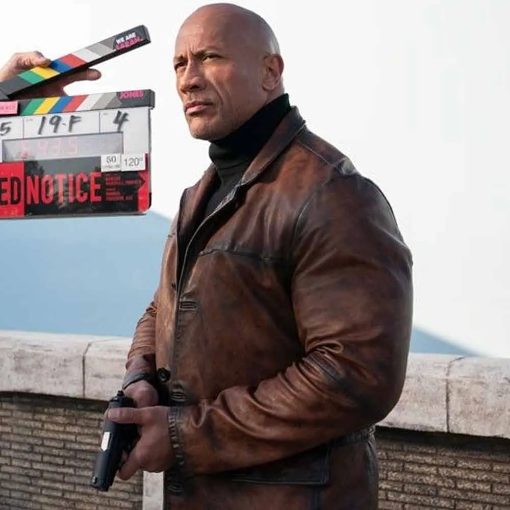 Dwayne Johnson Red Notice Brown Leather Coat