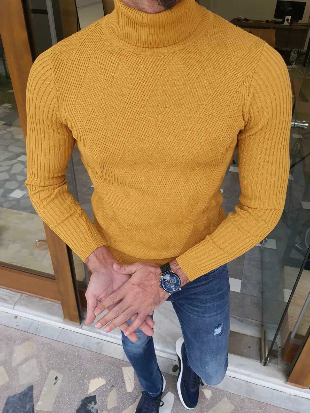 Edmond Yellow Slim Fit Turtleneck Sweater