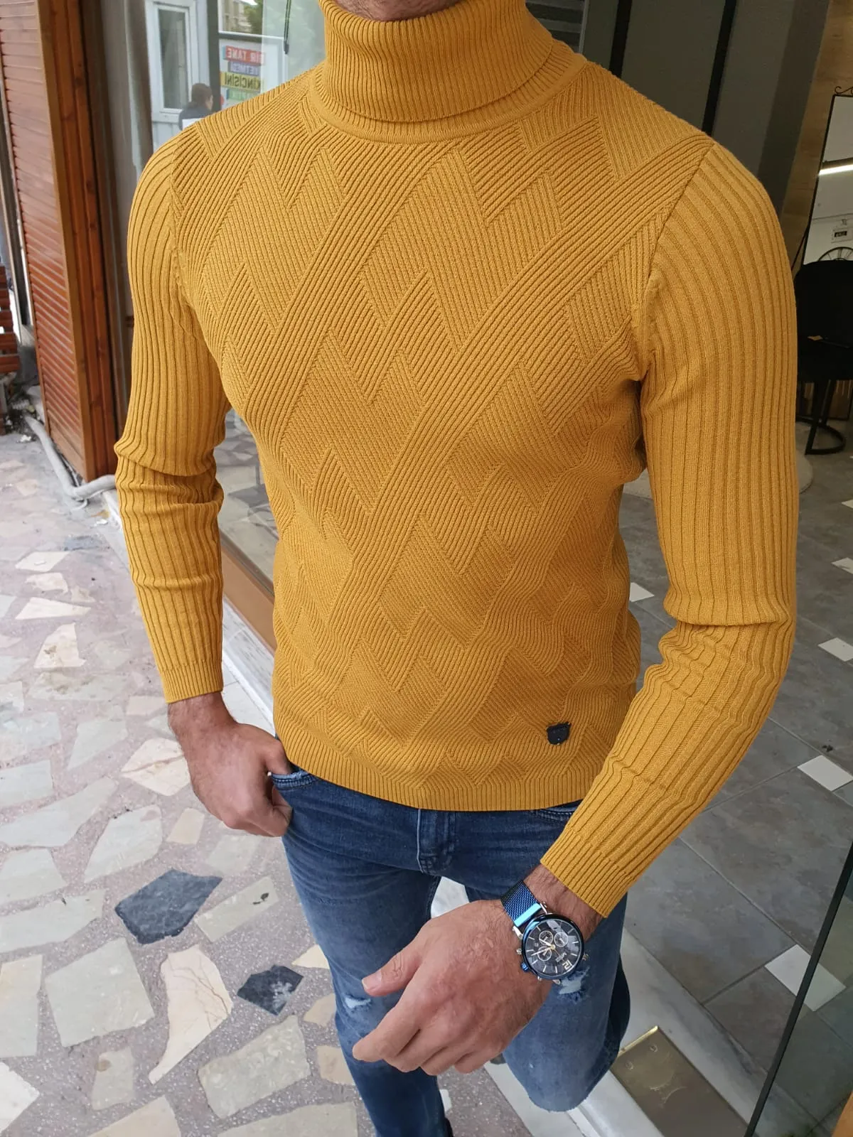 Edmond Yellow Slim Fit Turtleneck Sweater