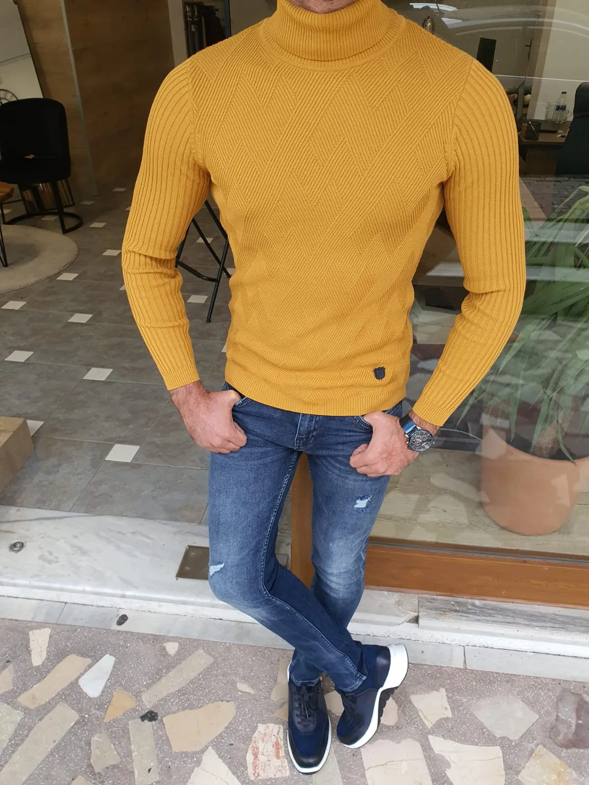 Edmond Yellow Slim Fit Turtleneck Sweater