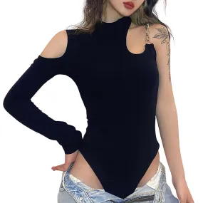 Fashion Solid Hollow Out Asymmetrical Rompers / Sexy Slim Skinny One-Shoulder Bodysuits