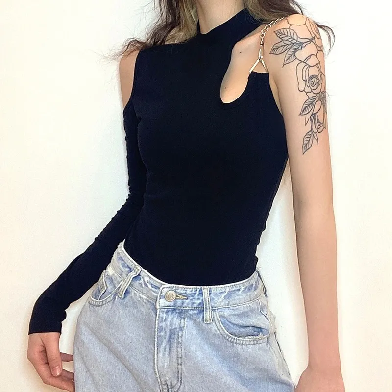 Fashion Solid Hollow Out Asymmetrical Rompers / Sexy Slim Skinny One-Shoulder Bodysuits