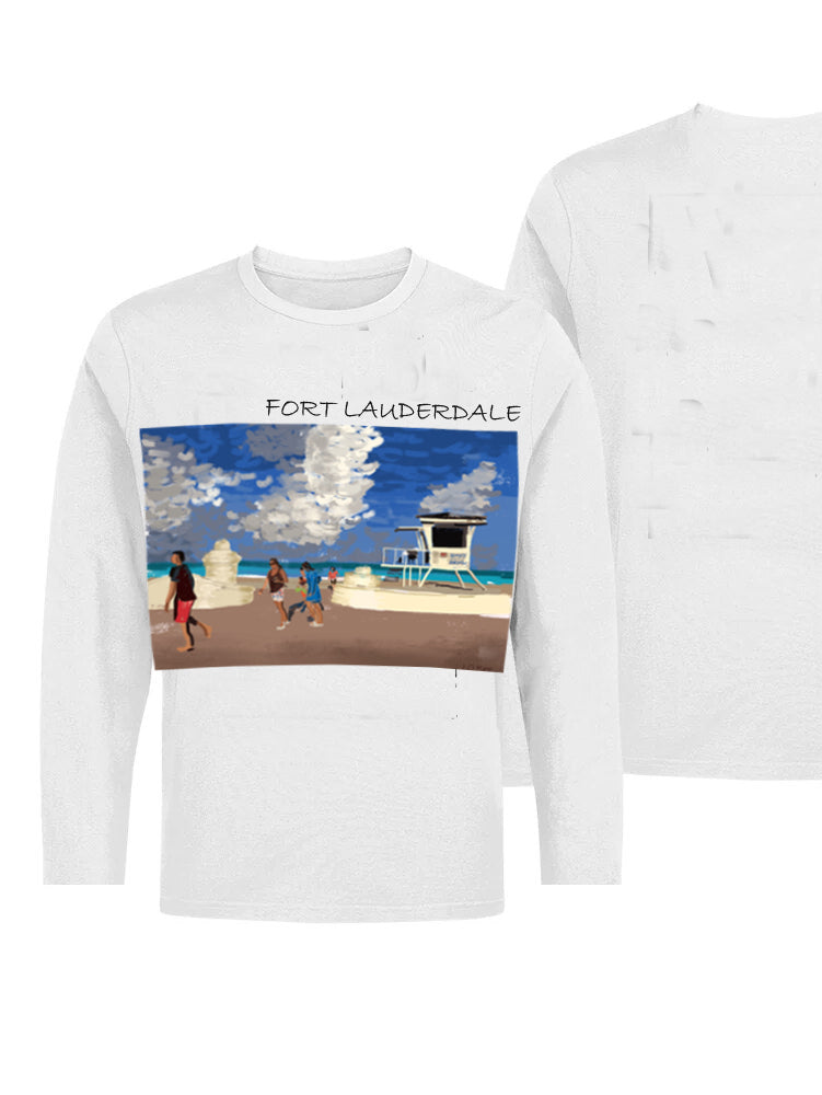 Fort Lauderdale-FL, USA Ashore Travel Shirts-  Series No. 2330010 Artist Handpaint Long Sleeve Shirt EU Size 100% Cotton  High Q