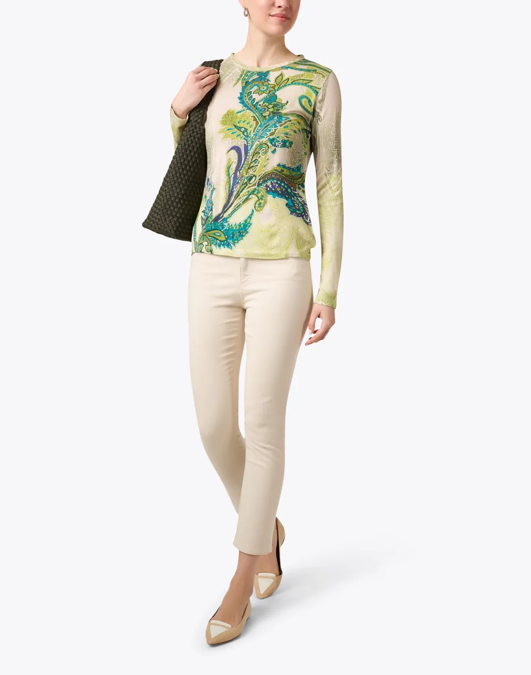 Green Paisley Print Cashmere Silk Sweater