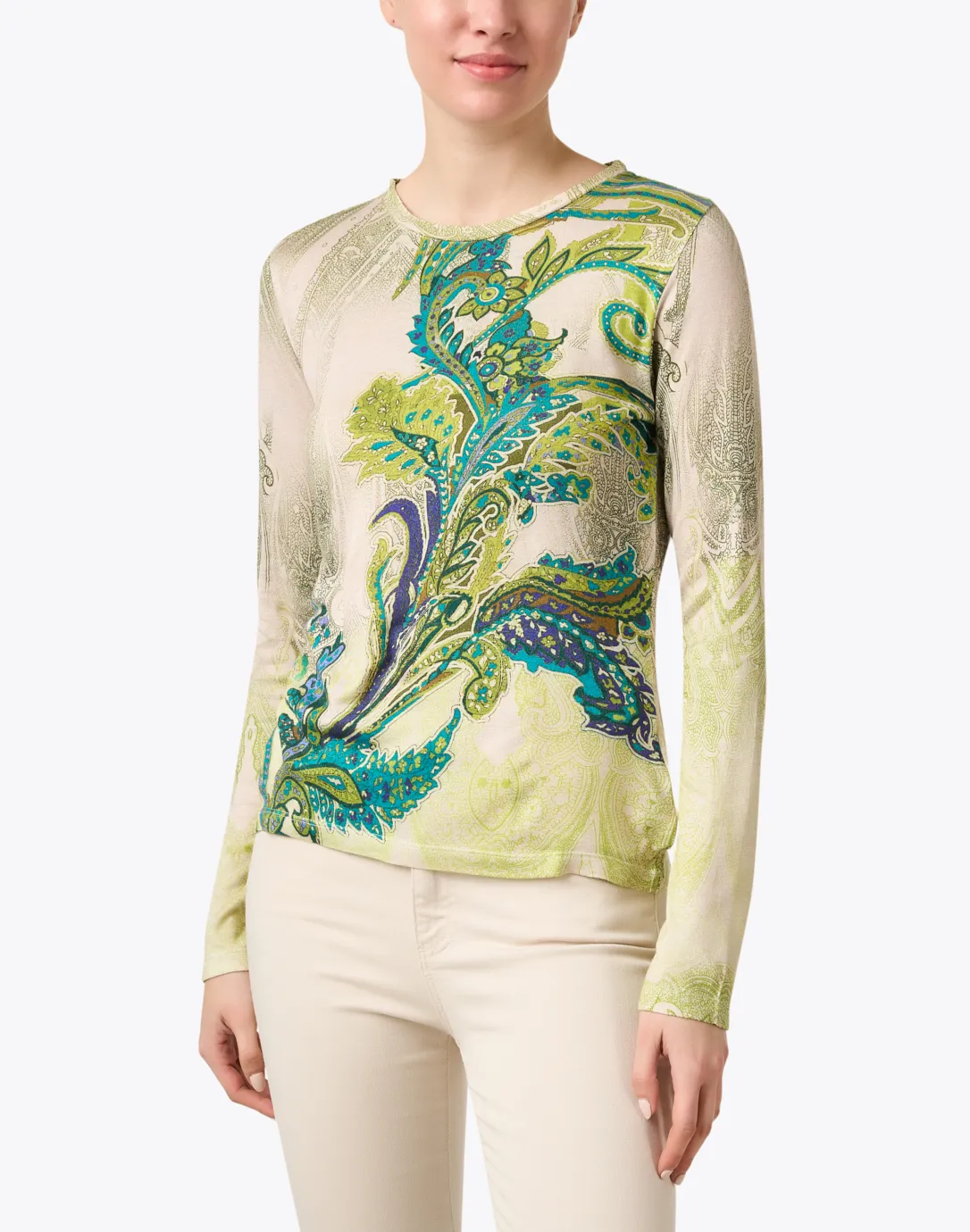 Green Paisley Print Cashmere Silk Sweater