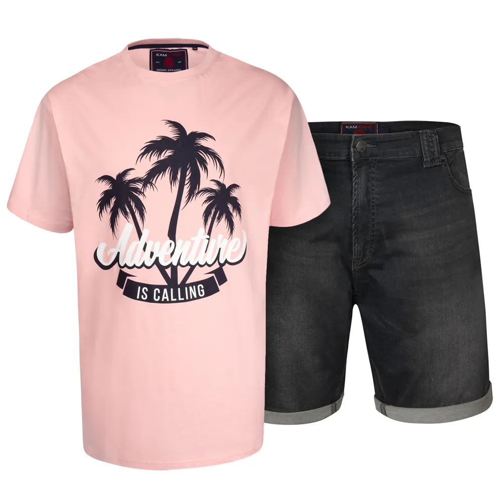 Kam Palms Adventure Print T-Shirt & Cougar Denim Short Set - Pink Charcoal