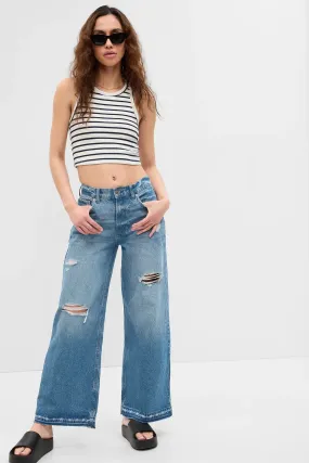 Light Wash Blue Low Rise Wide Leg Ripped Loose Jeans