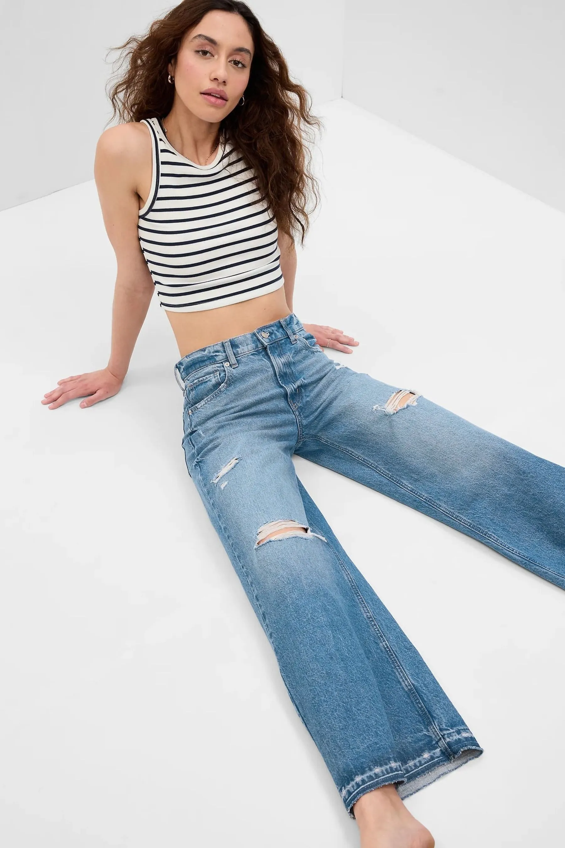 Light Wash Blue Low Rise Wide Leg Ripped Loose Jeans