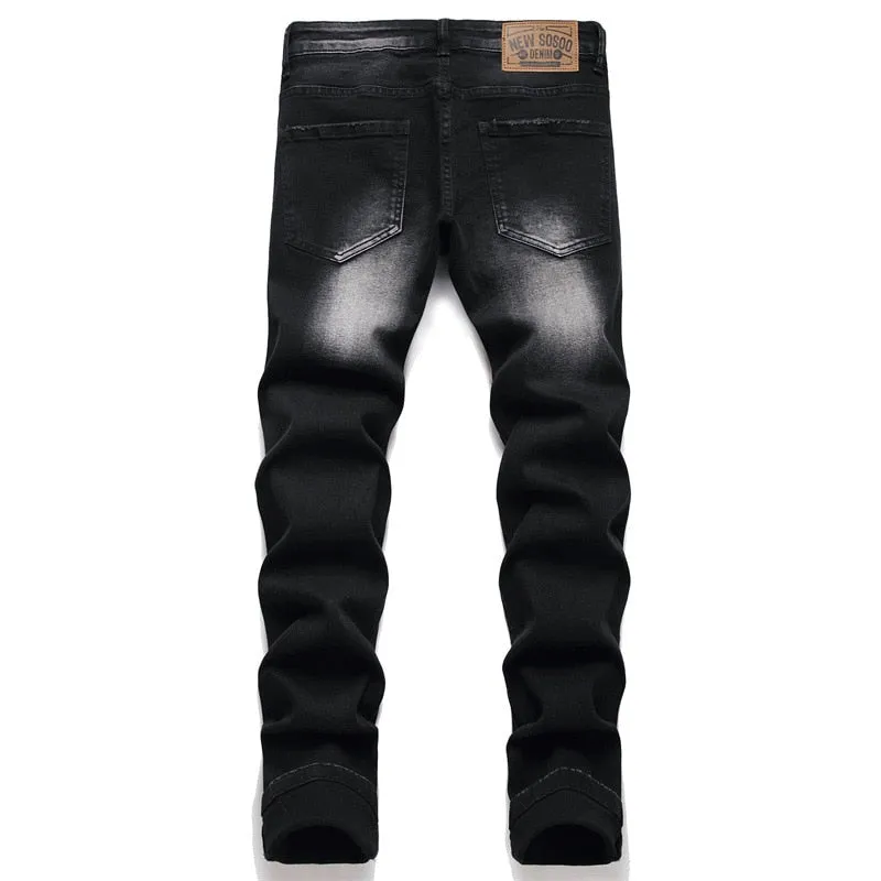 Men's Denim Punk Style Ripped Slim Fit Print Pattern Straight Leg Jeans