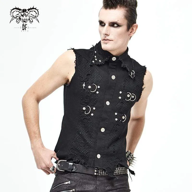 Men's Gothic Punk Ripped Turndown Collar Black Shirt with Irregular Hem