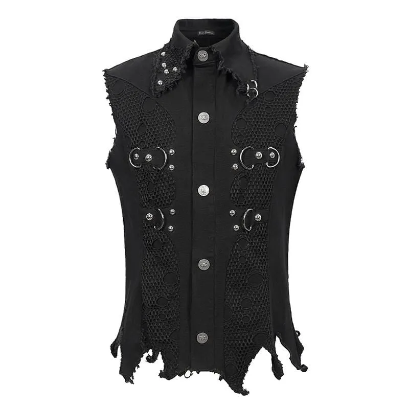 Men's Gothic Punk Ripped Turndown Collar Black Shirt with Irregular Hem