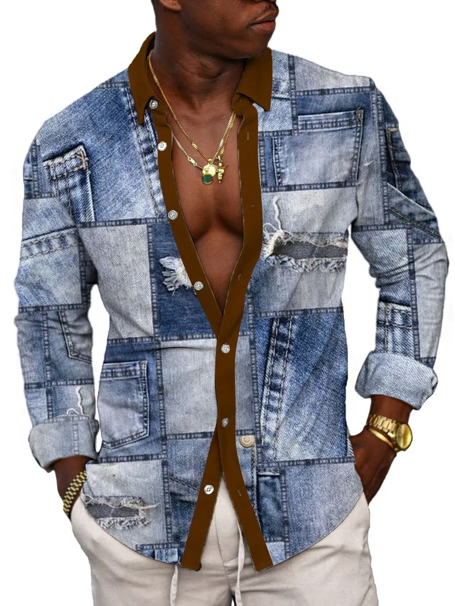 Men's Patchwork Ripped Denim Print Casual Long-Sleeved Shirt