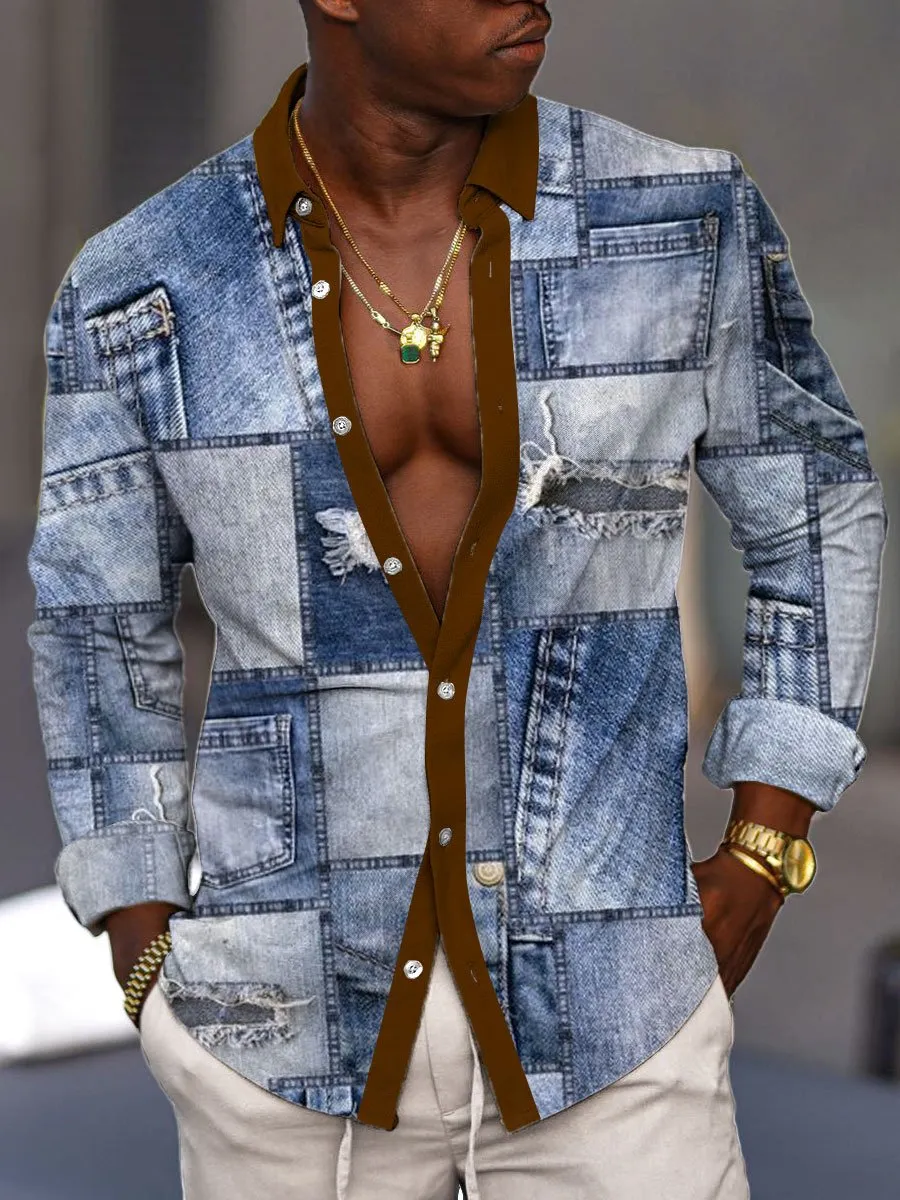 Men's Patchwork Ripped Denim Print Casual Long-Sleeved Shirt