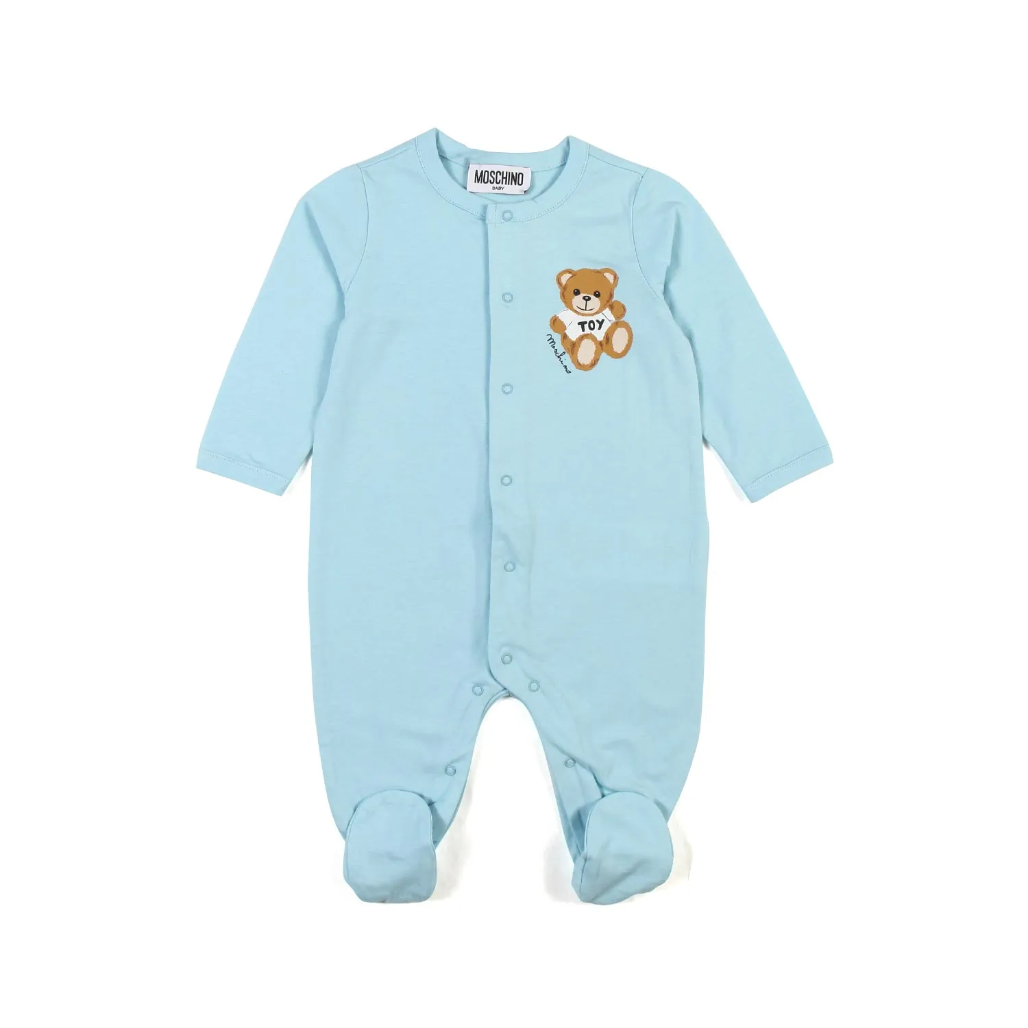 Moschino Baby Light Blue Romper With Teddy Bear Print