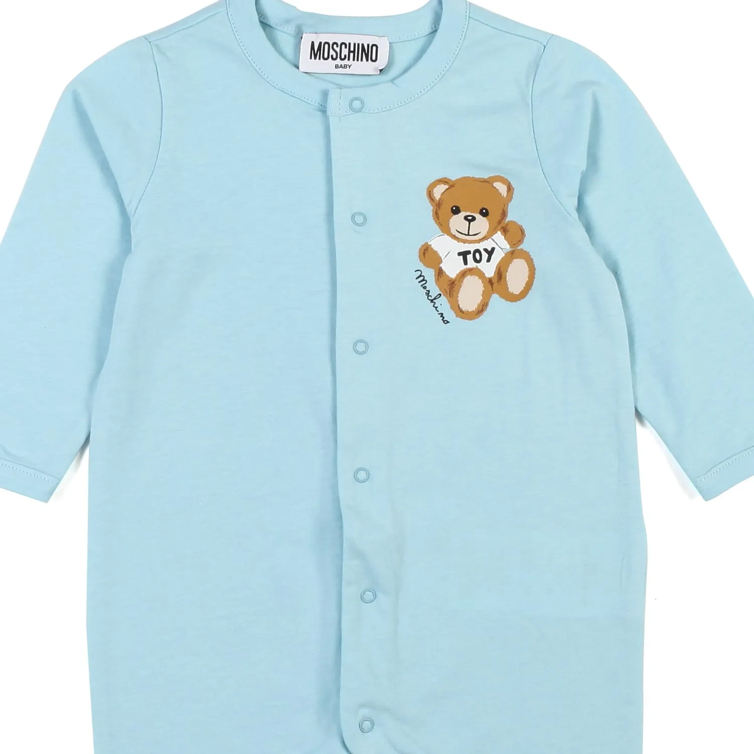 Moschino Baby Light Blue Romper With Teddy Bear Print