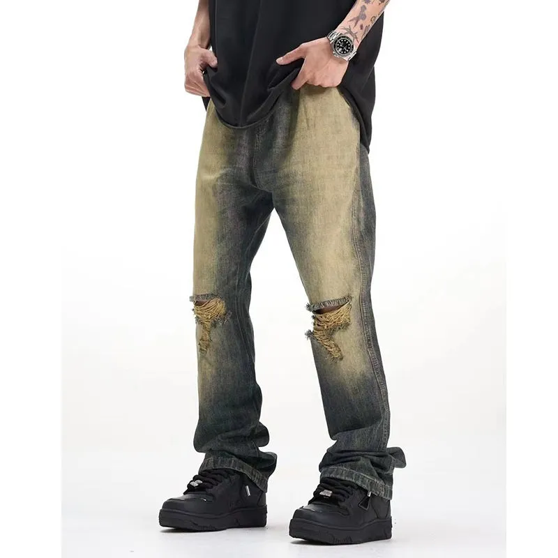 Old Ripped Cement Yellow Jeans For Men