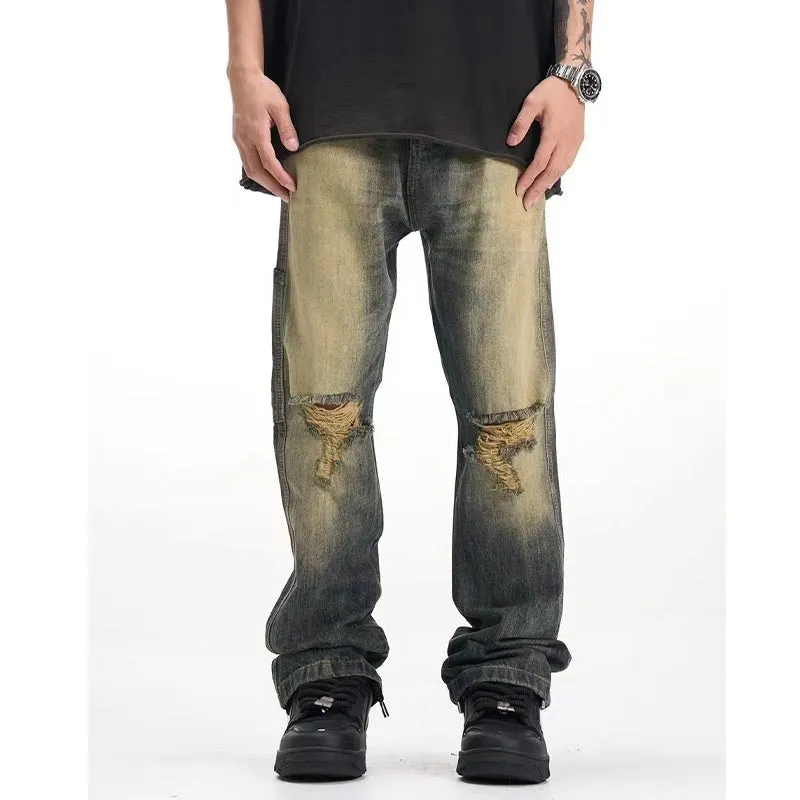 Old Ripped Cement Yellow Jeans For Men