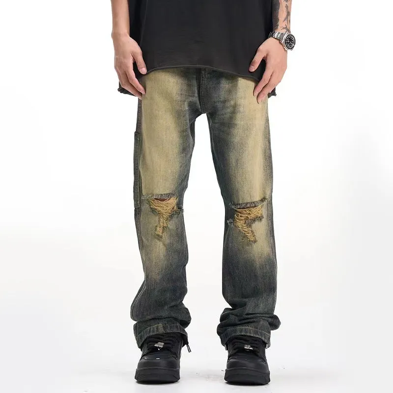 Old Ripped Cement Yellow Jeans For Men