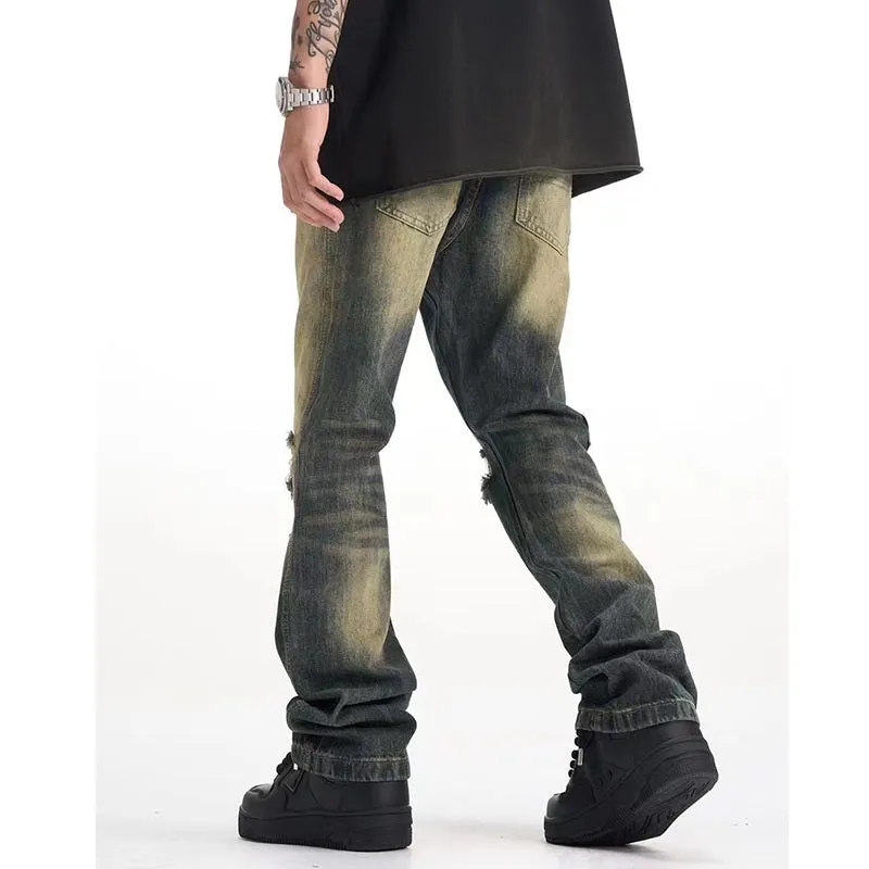 Old Ripped Cement Yellow Jeans For Men