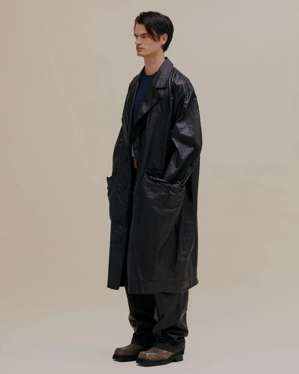 Oversized Nylon Trench Coat - Obsidian