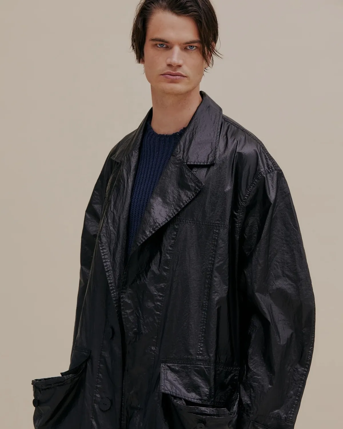 Oversized Nylon Trench Coat - Obsidian