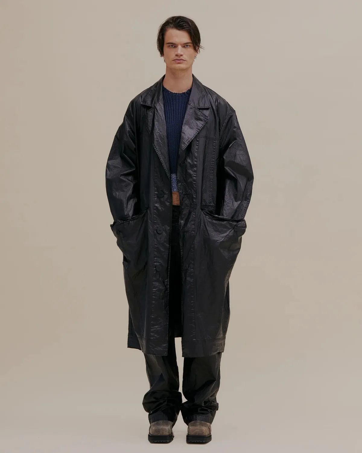 Oversized Nylon Trench Coat - Obsidian