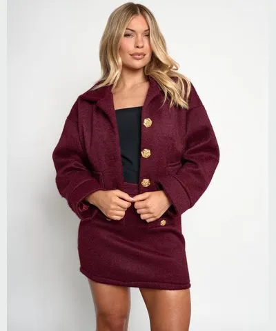 Public Desire Faux Wool Gold Button Detail Jacket Co Ord Burgundy