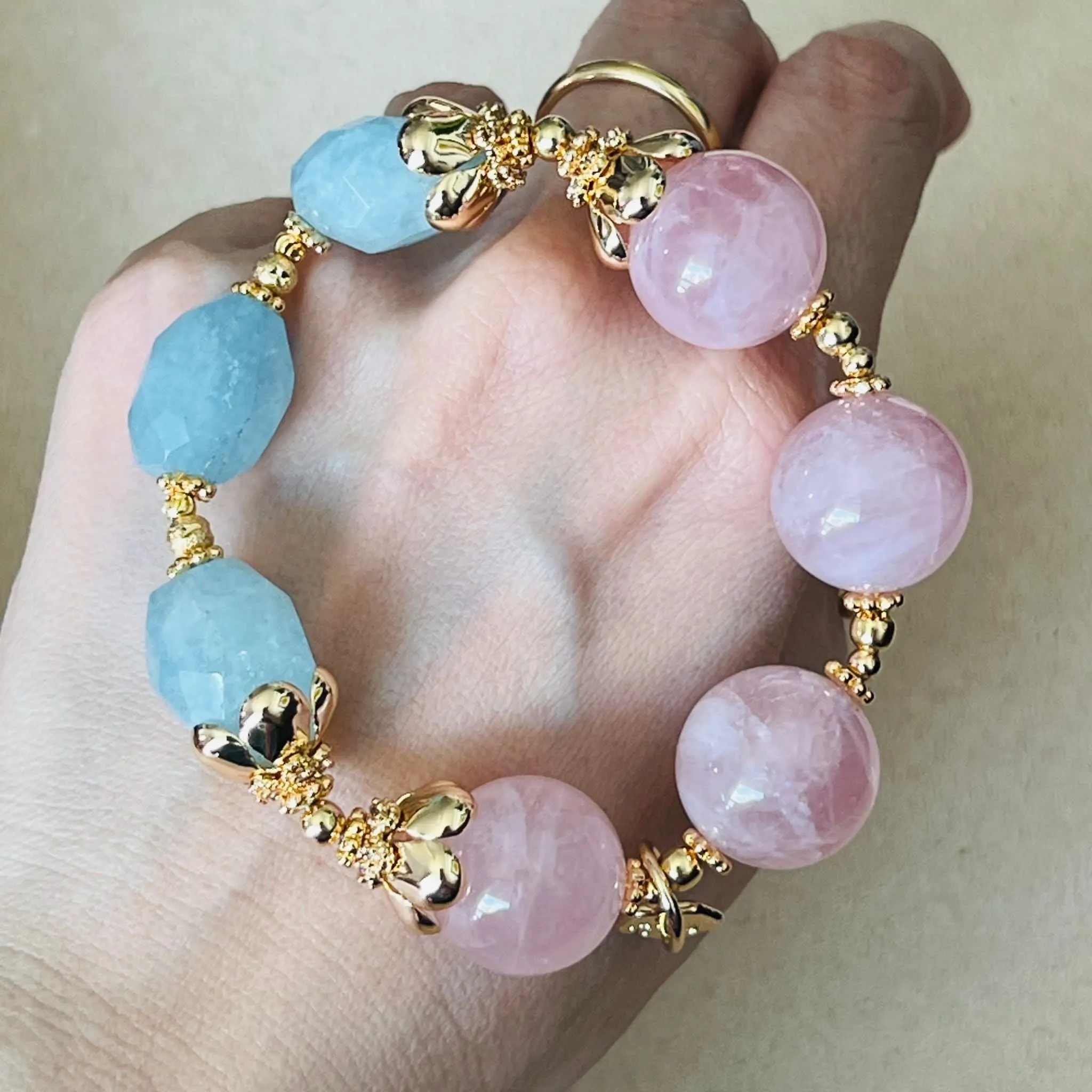 Raw Aquamarine & Madagascar Rose Quartz Bracelet