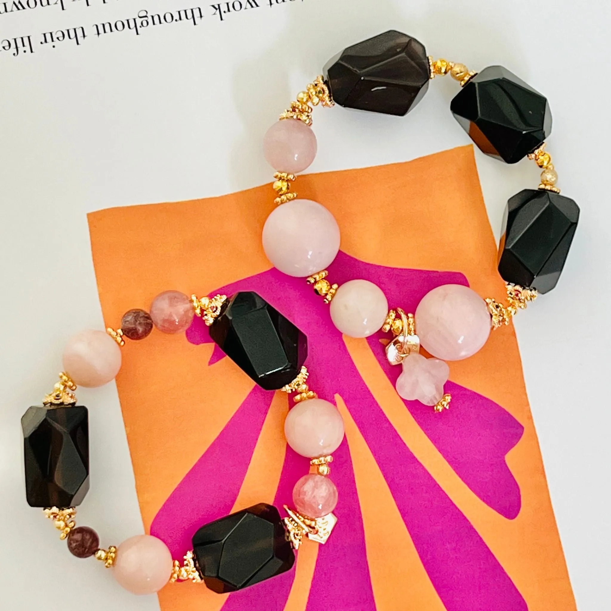 Raw Smoky Quartz & Pinks Trinity Bracelet