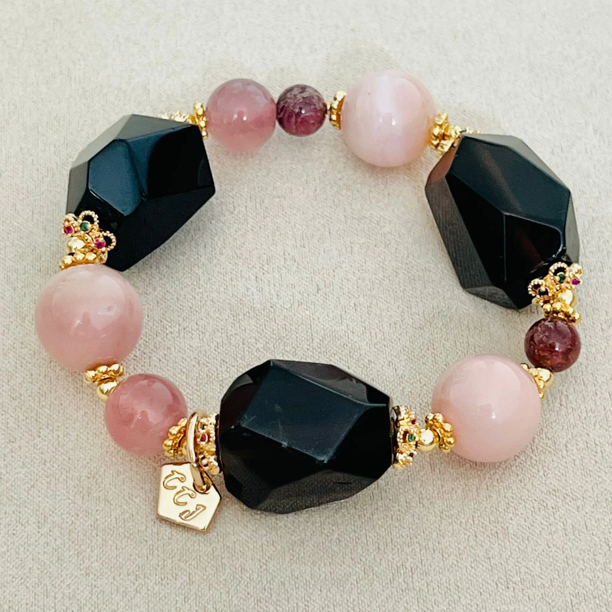 Raw Smoky Quartz & Pinks Trinity Bracelet