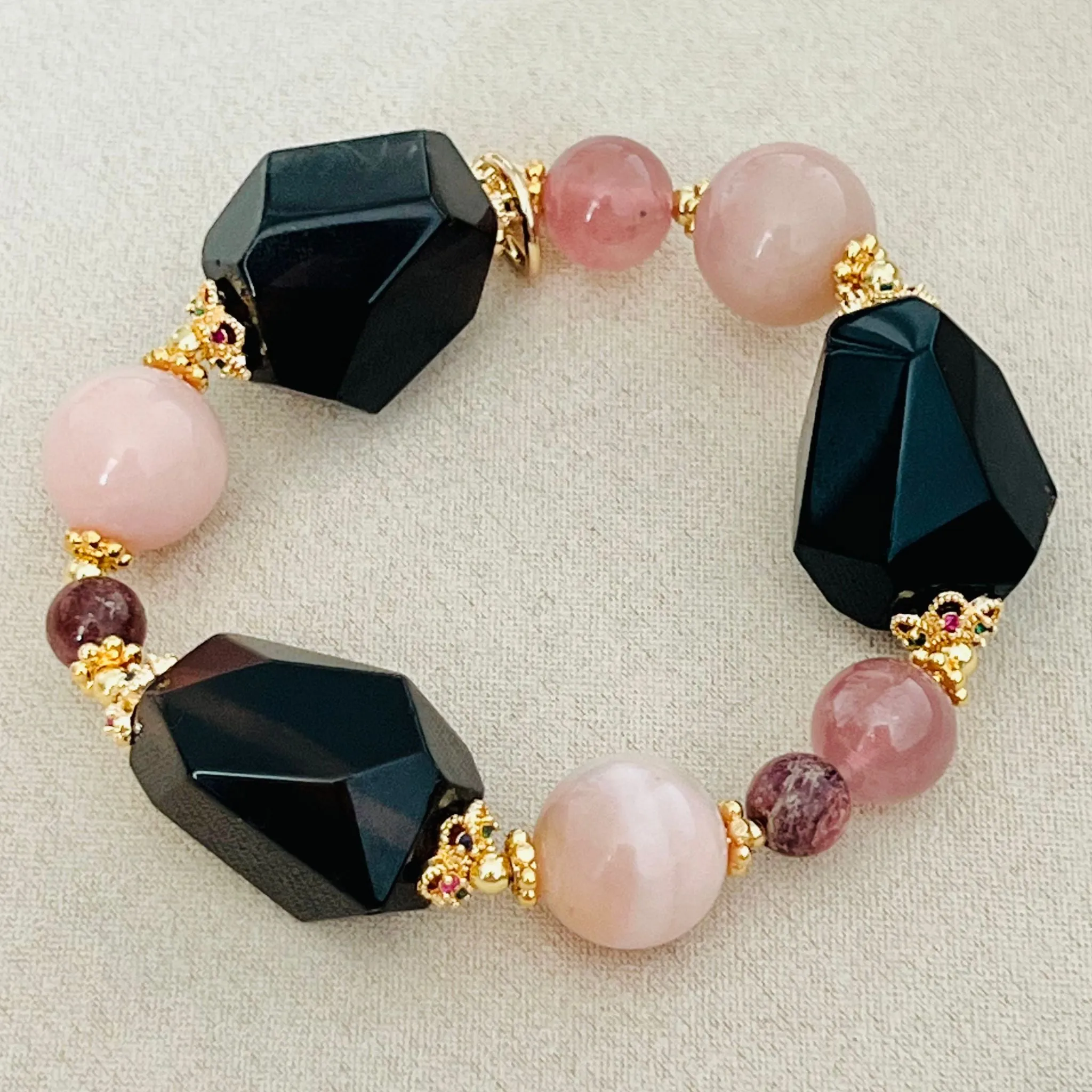 Raw Smoky Quartz & Pinks Trinity Bracelet