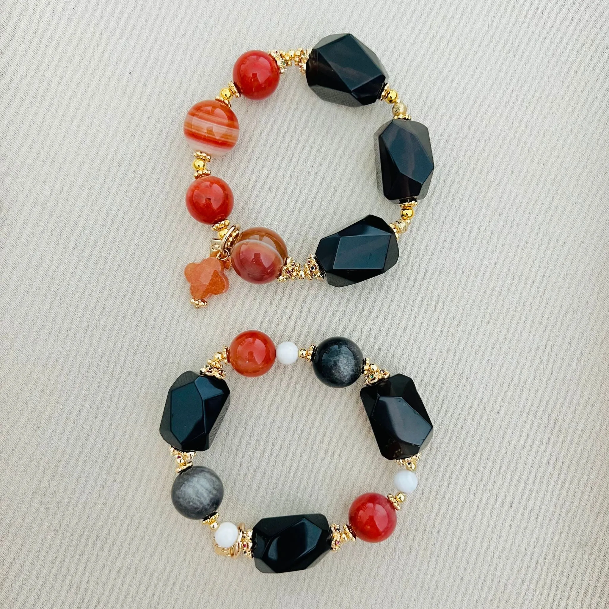 Raw Smoky Quartz & Reds Moon Bracelet