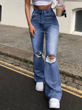 Retro Ripped Flared High Waist Wide Legs Loose Jeans Casual Slim Pants with Pockets