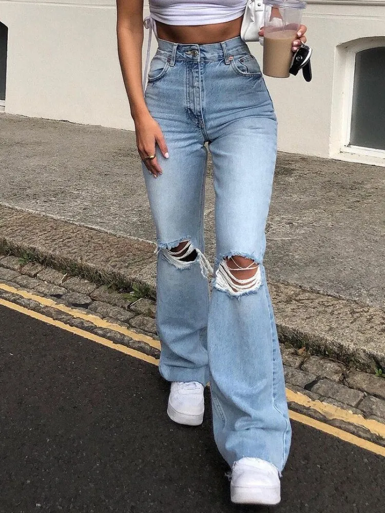 Retro Ripped Flared High Waist Wide Legs Loose Jeans Casual Slim Pants with Pockets