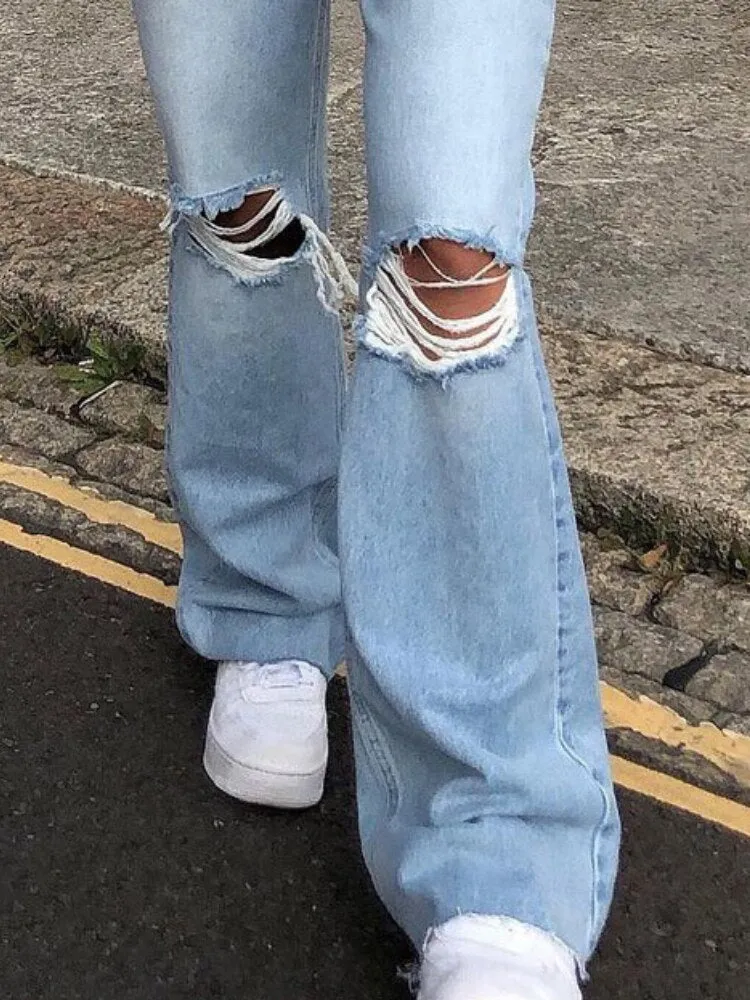 Retro Ripped Flared High Waist Wide Legs Loose Jeans Casual Slim Pants with Pockets