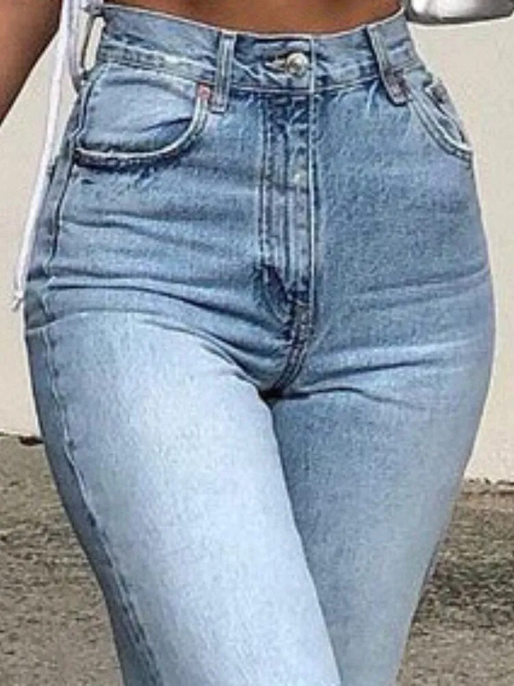 Retro Ripped Flared High Waist Wide Legs Loose Jeans Casual Slim Pants with Pockets