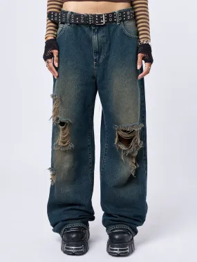 RIP' Washed Blue Loose Baggy Jeans