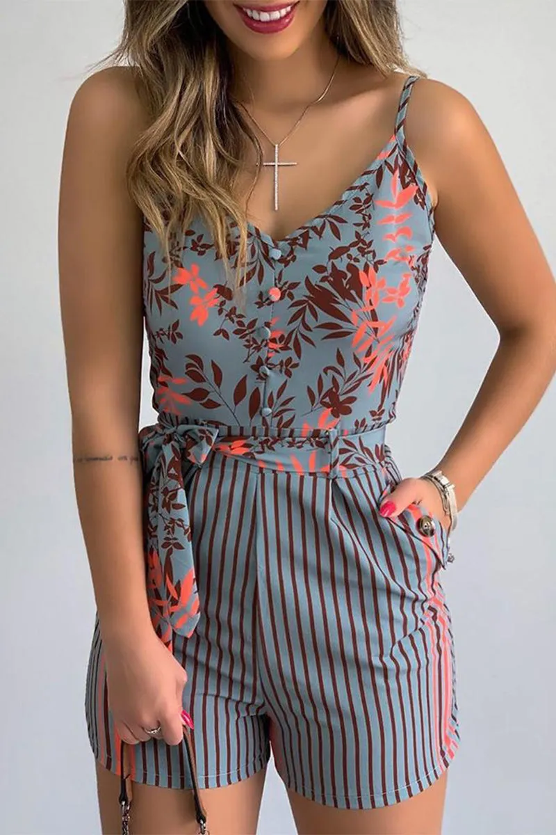 Sexy Geometric Print Bandage Patchwork V Neck Regular Rompers