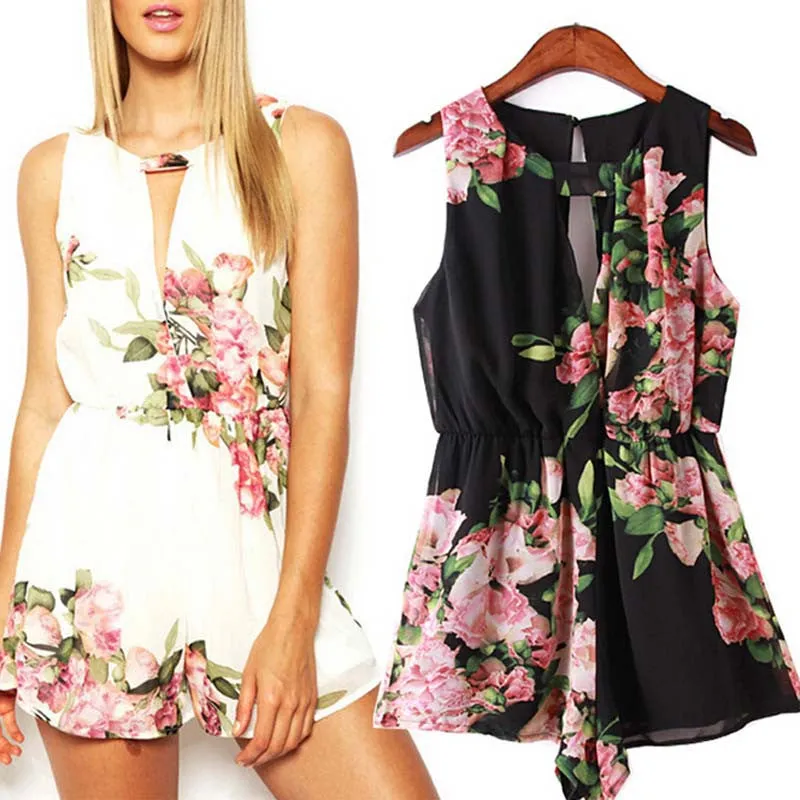 Short Jumpsuit Women Top Playsuit Vintage Tropical Style Party Rompers Floral Print Womens Jumpsuit