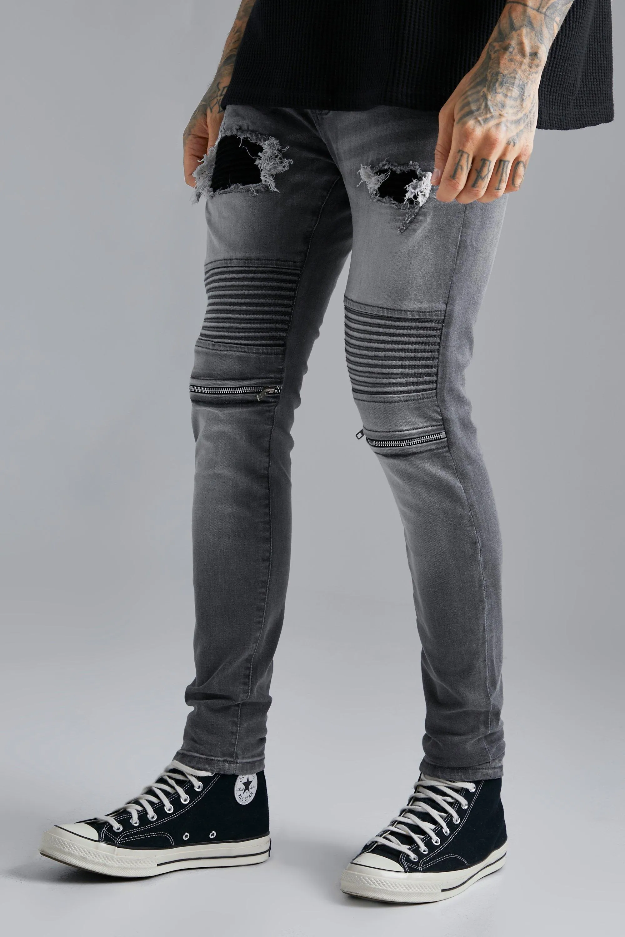 Skinny Stretch Ripped Biker Jeans With Zips | boohooMAN UK